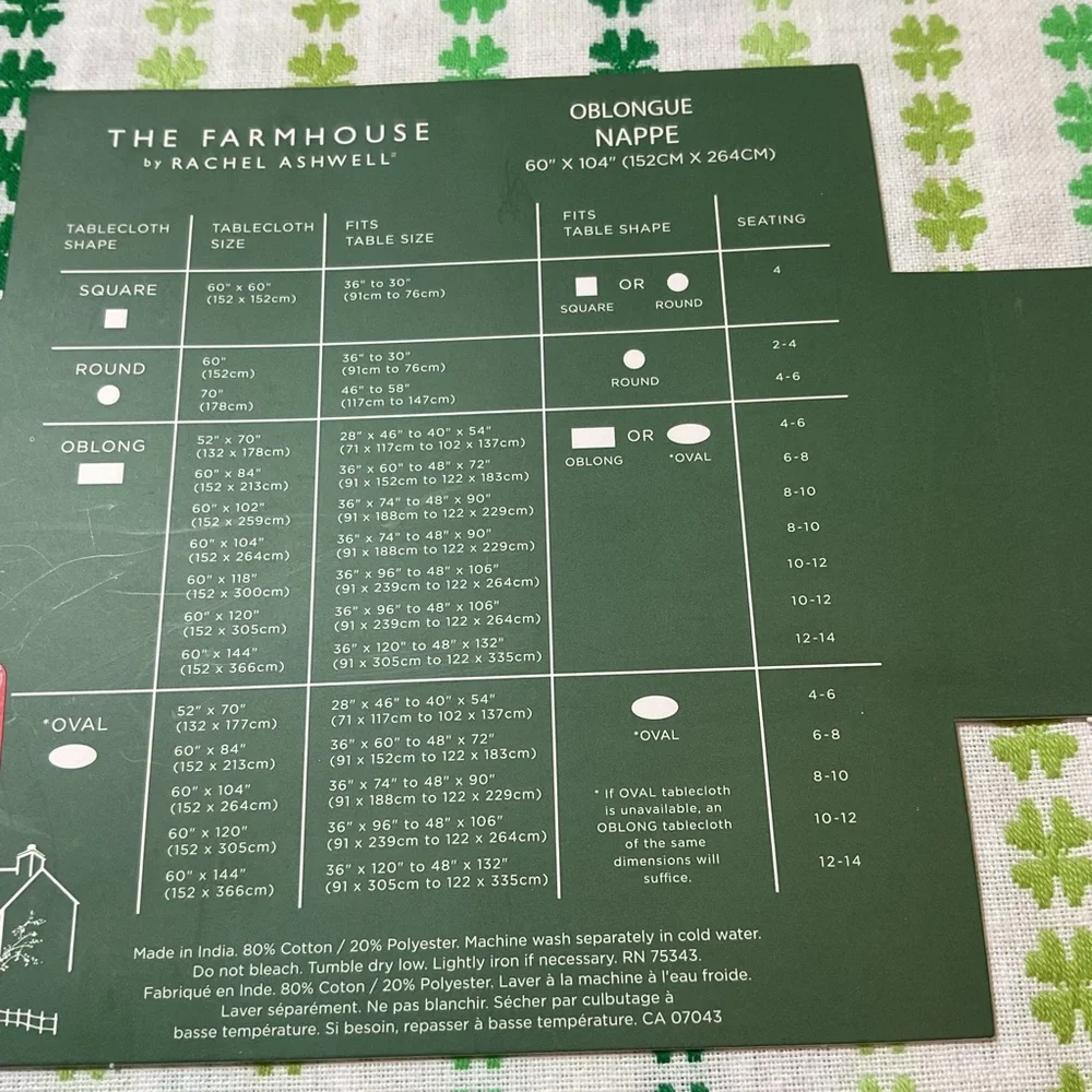 The Farmhouse by Rachel Ashwell Oblong Tablecloth NWT 60 x 104 green Shamrocks